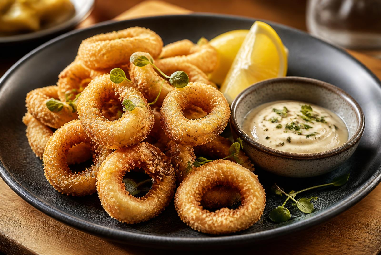 Golden crumbed calamari rings on a dark plate with lemon aioli and lemon wedges