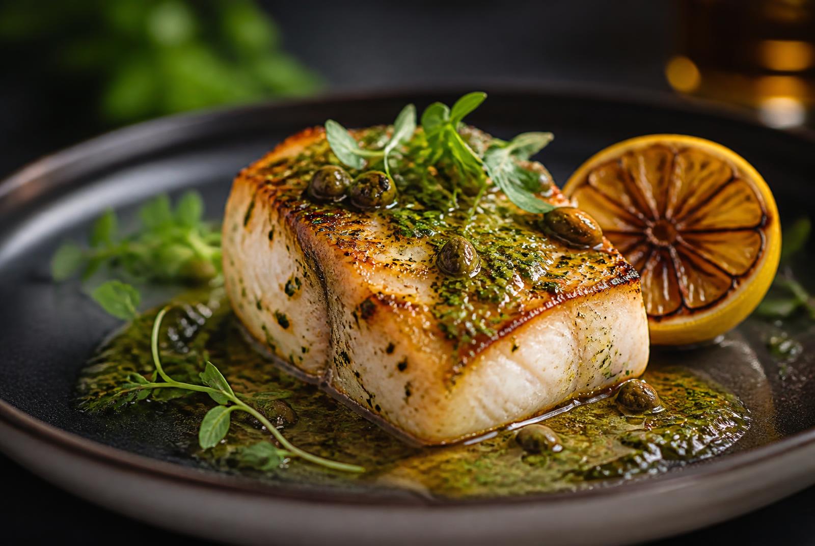 Grilled kingklip fillet with green herb oil, capers and charred lemon on a dark plate