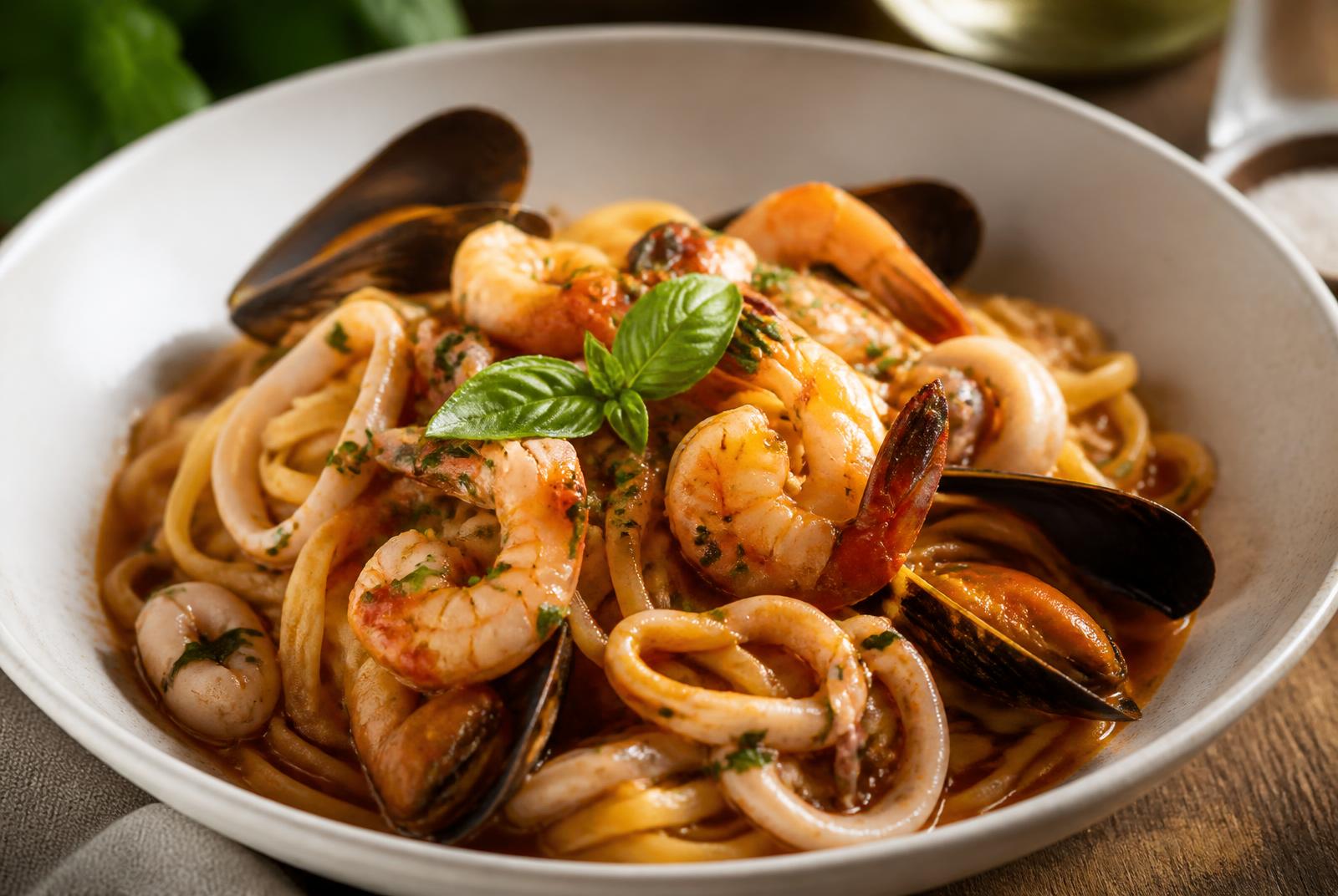 Seafood linguine with prawns, mussels and calamari in a light tomato sauce with basil