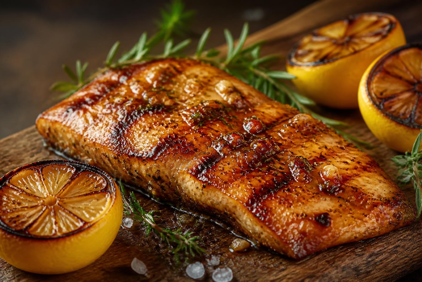 Braaied snoek with glossy apricot glaze on a wooden serving board with grilled lemon