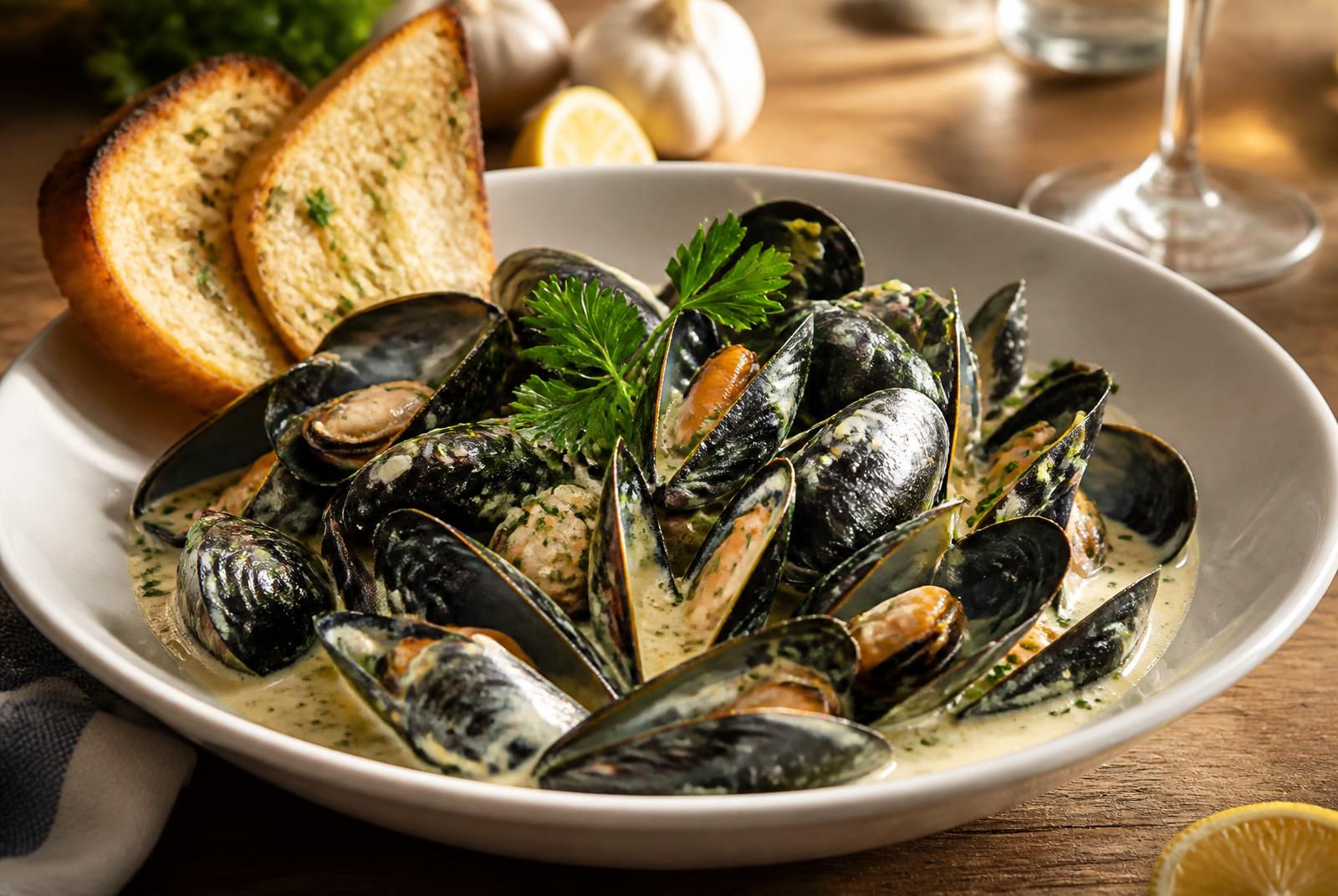 Black mussels steamed in white wine and cream in a white bowl with garlic bread